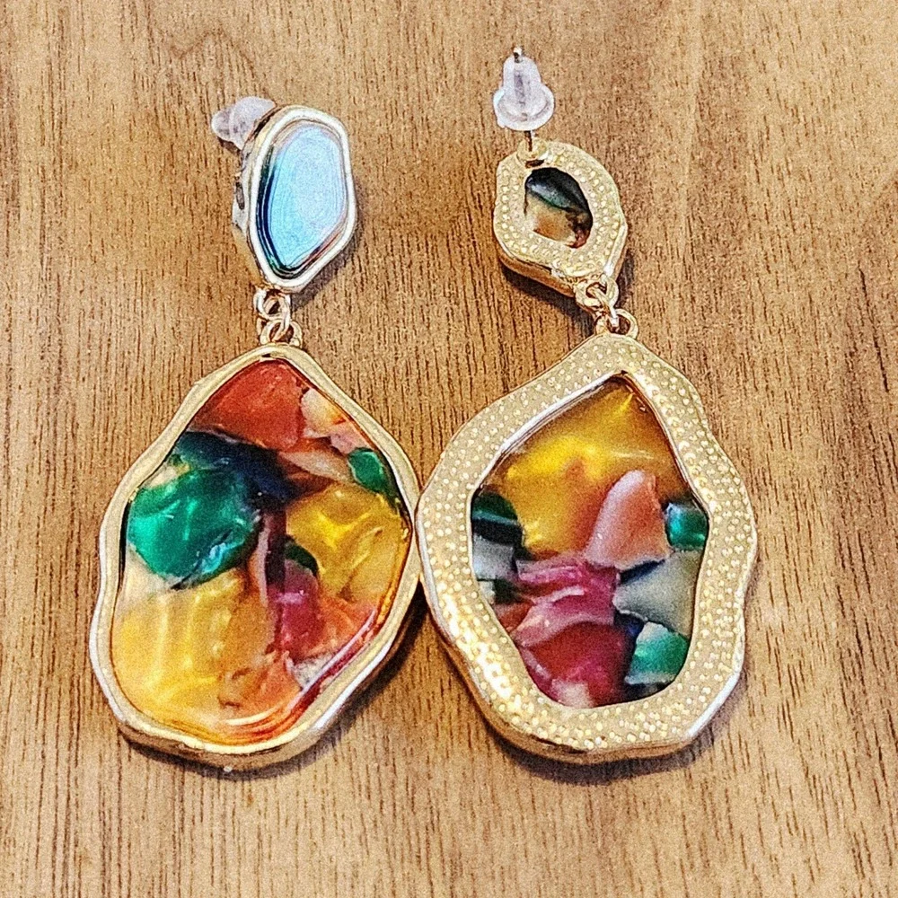 Multicolor Resin Mosaic Gold Tone Organic Shape Drop Dangle Earrings Statement